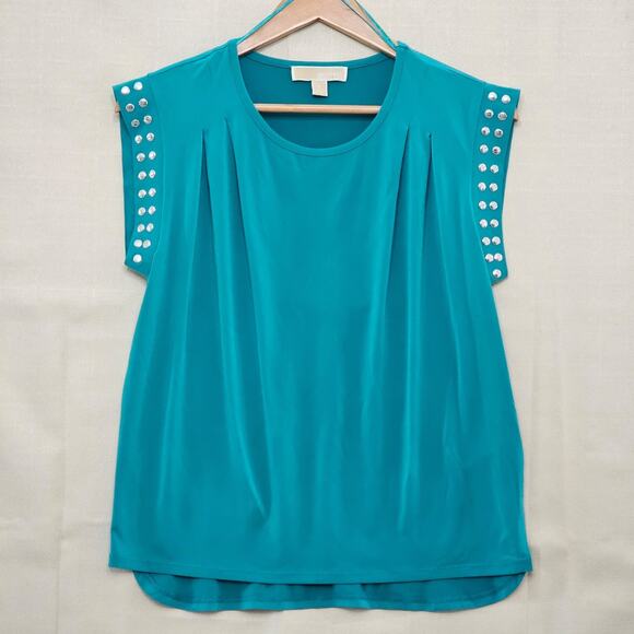 MICHAEL KORS Women's Top Island Blue w/Silver Studded Cap Sleeve Small Like New - Picture 1 of 6